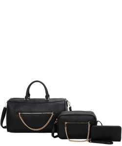 Fashion Chain Zipper 3-in-1 Boston Bag Satchel LF22512T3 BLACK